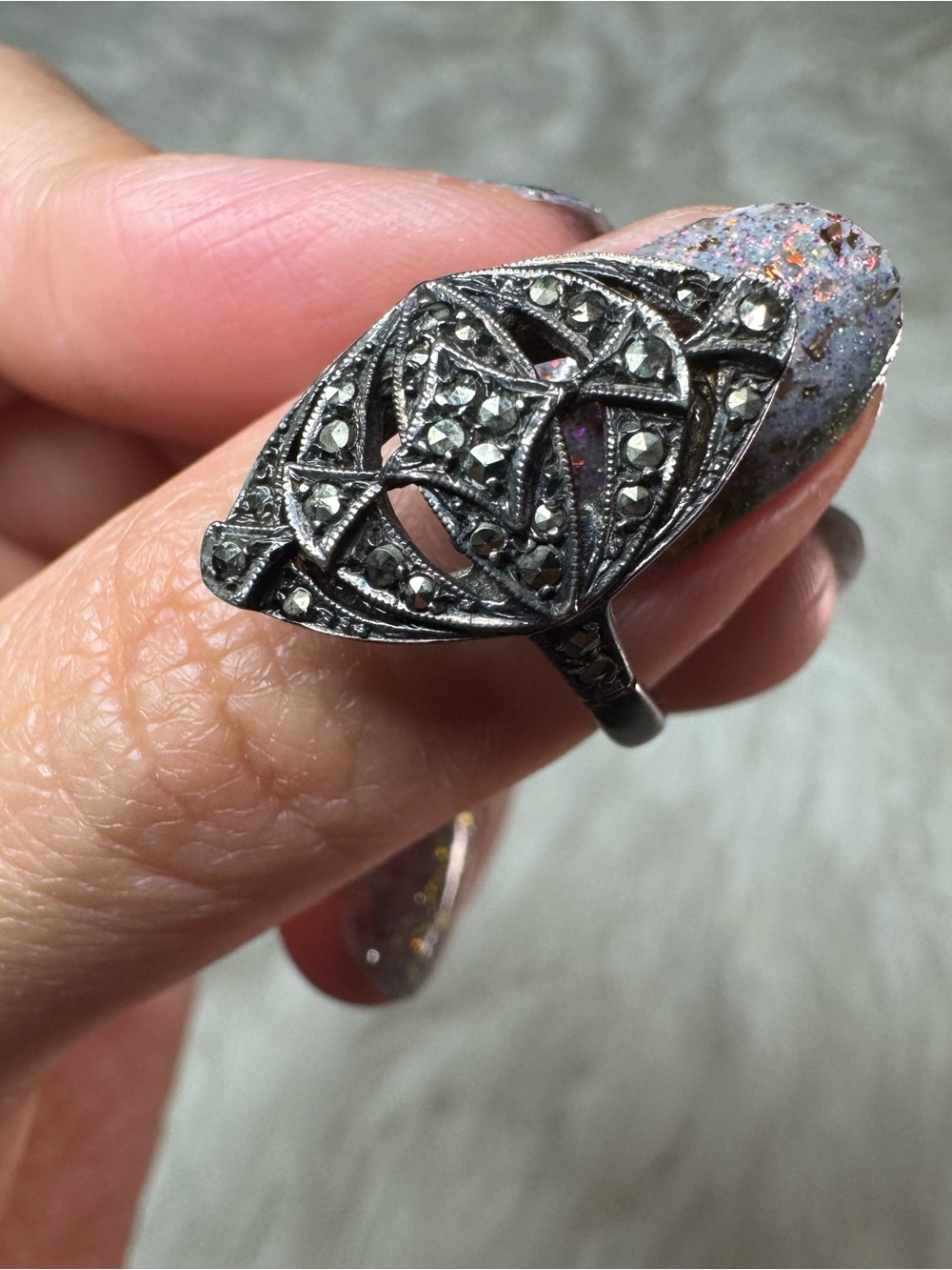 Vintage Style Black Marcasite Filigree Ring
